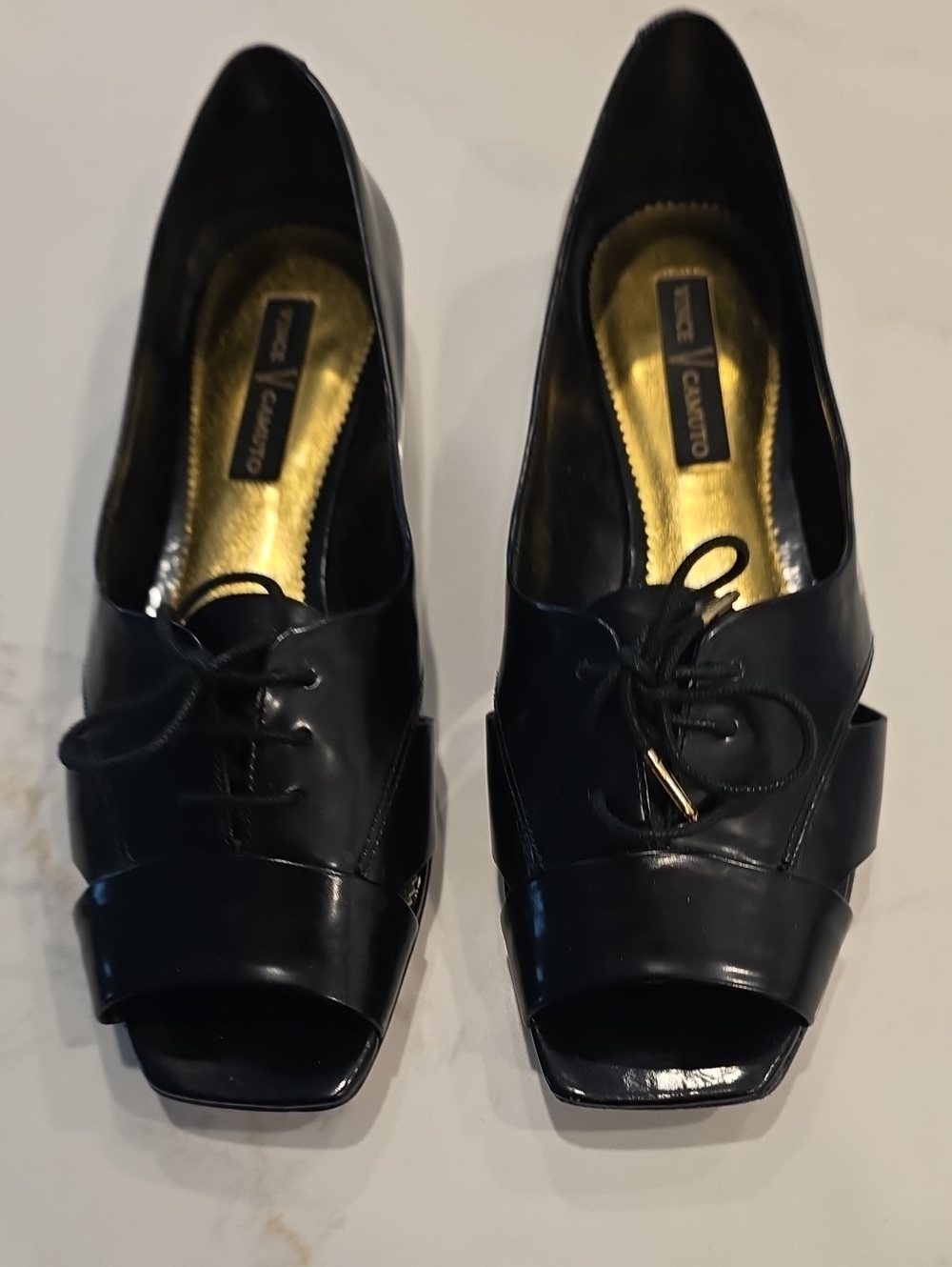 Vince Camuto Black Patent Leather Peep-Toe Lace-Up Flats W/gold Heal Design.
